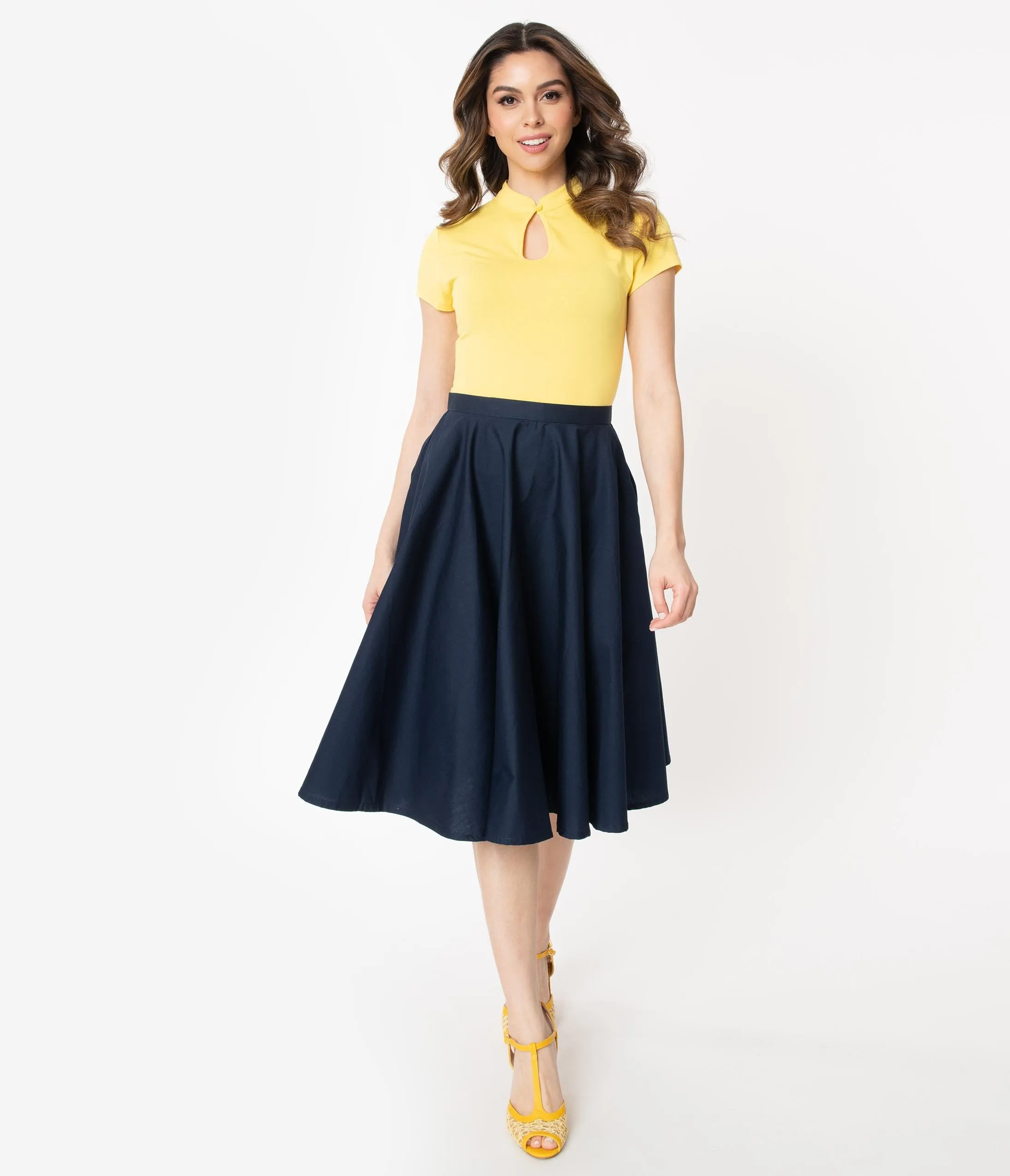 1950s Style Solid Navy Blue Swing Skirt