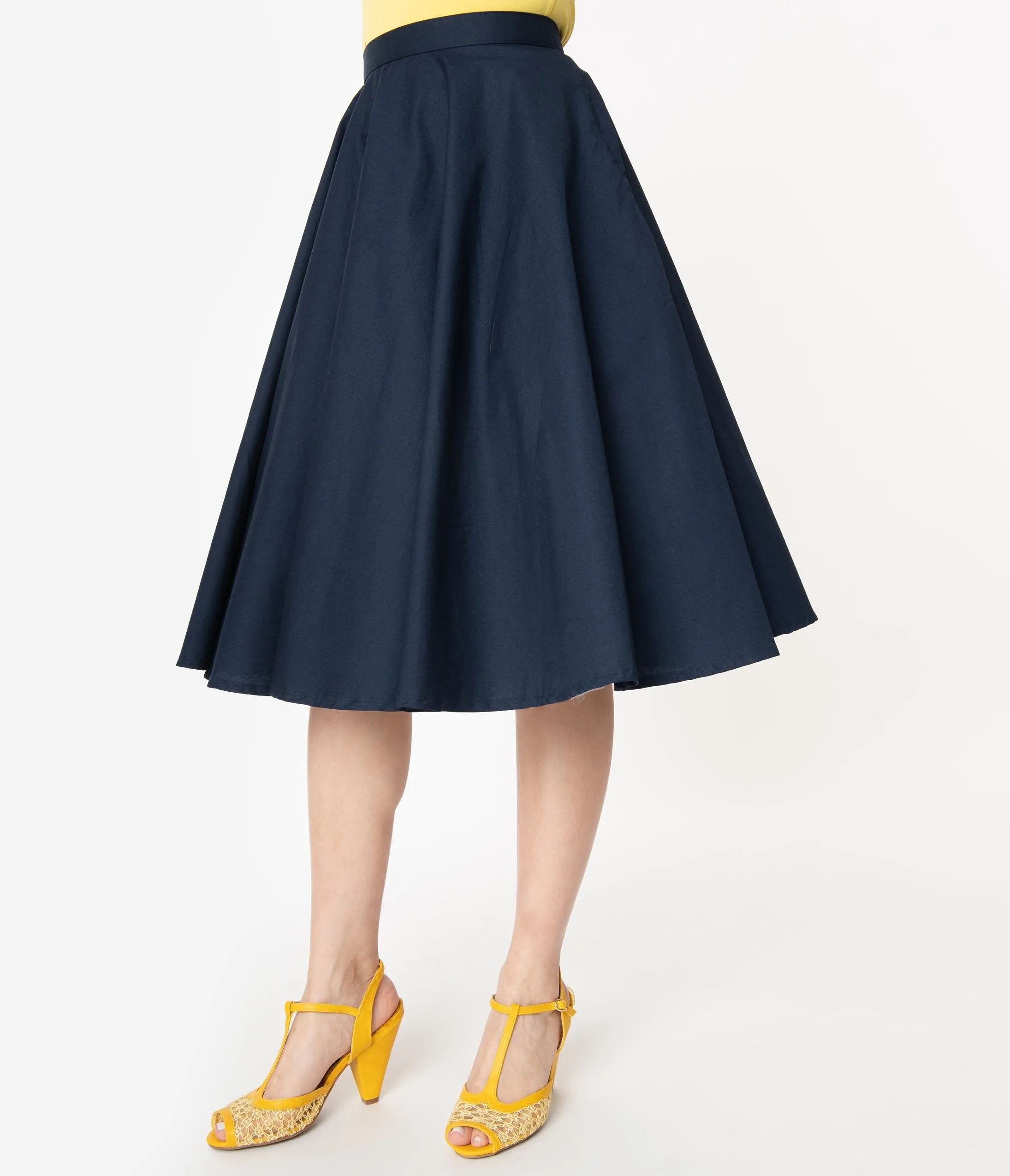 1950s Style Solid Navy Blue Swing Skirt