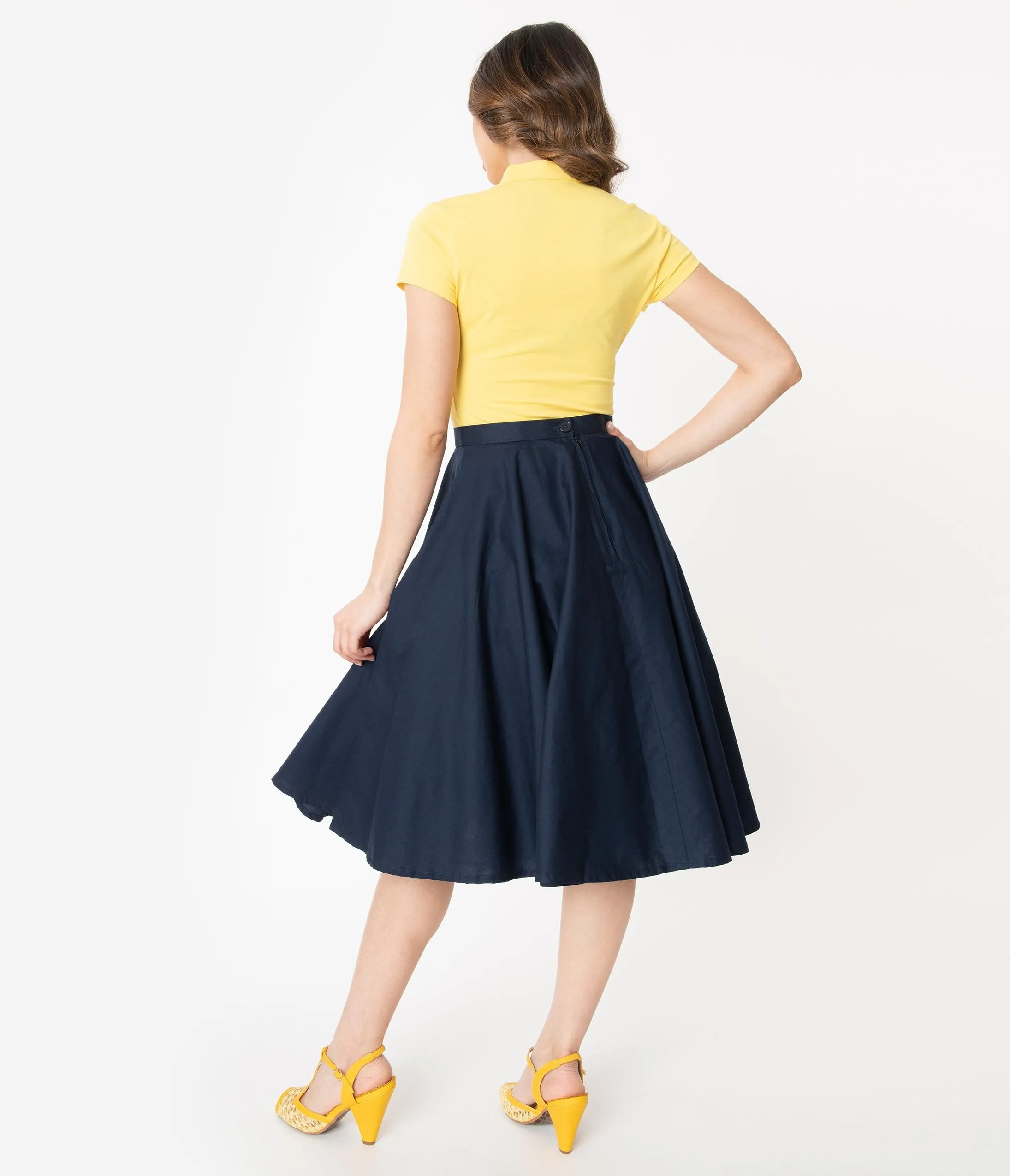 1950s Style Solid Navy Blue Swing Skirt