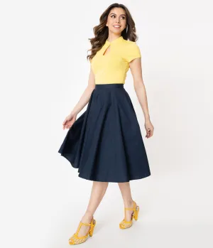 1950s Style Solid Navy Blue Swing Skirt