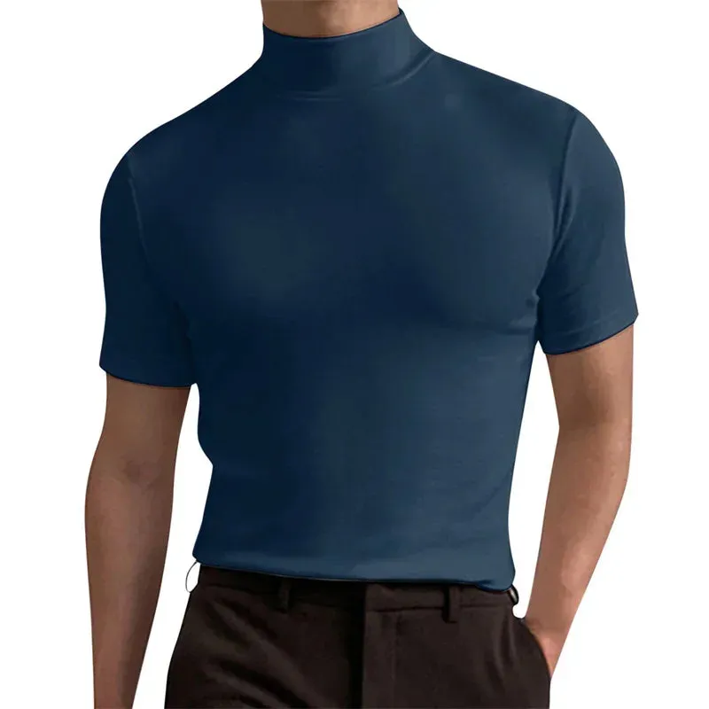 2023 Spring Summer Men's Short Sleeve Cotton Casual Men's T-shirt High Collar Shirt Male Breathable Shirts S-3XL