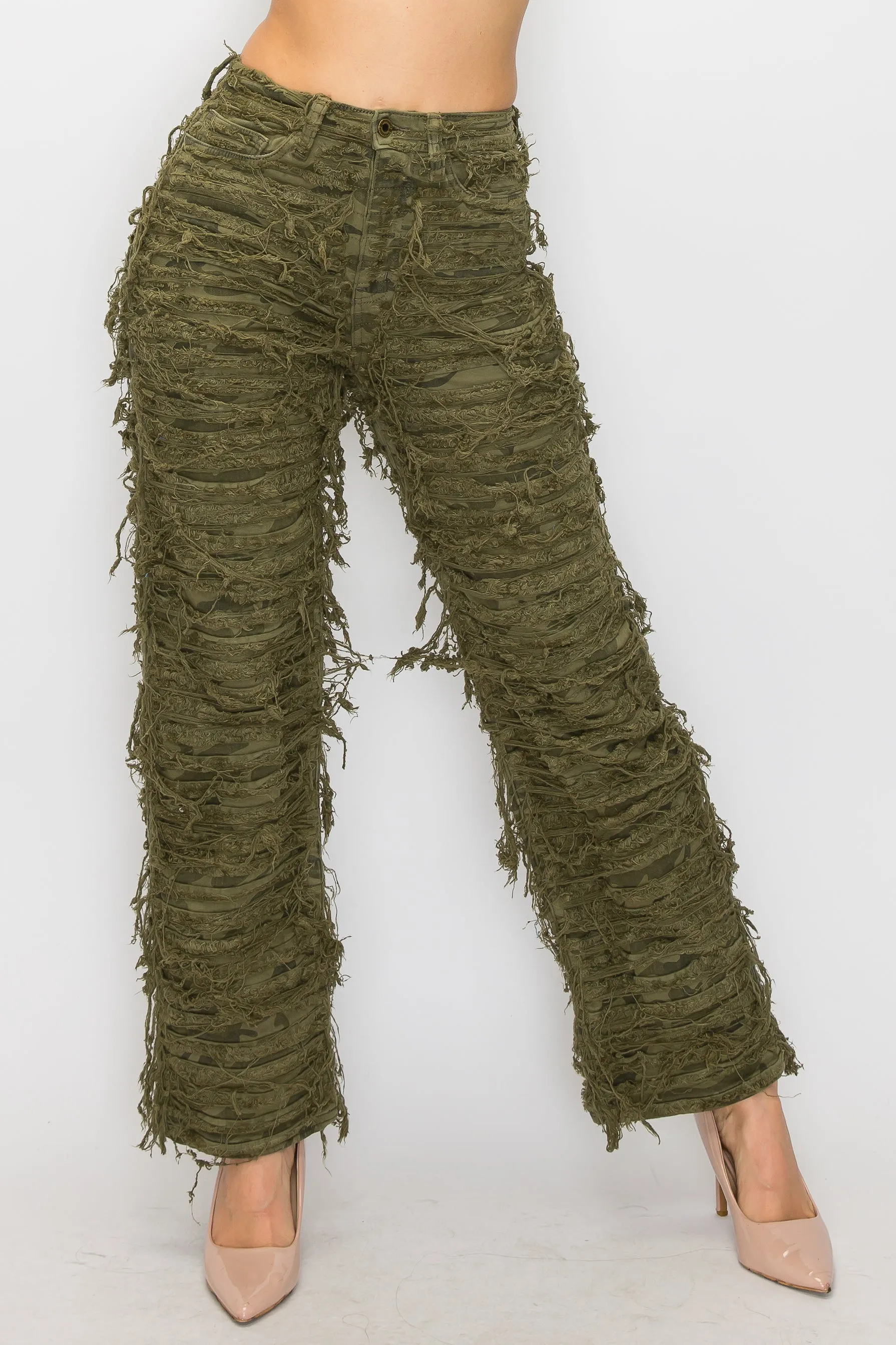 40574 Women's Mid Rise Dual Layer Distressed Relaxed Frayed Jeans