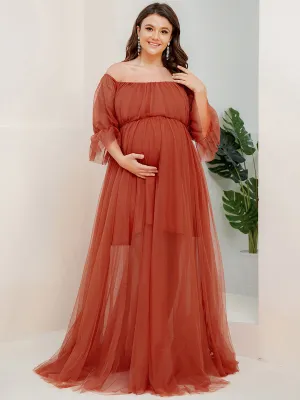 A-Line Off Shoulder Maternity Maxi Dress with Short Puff Sleeves