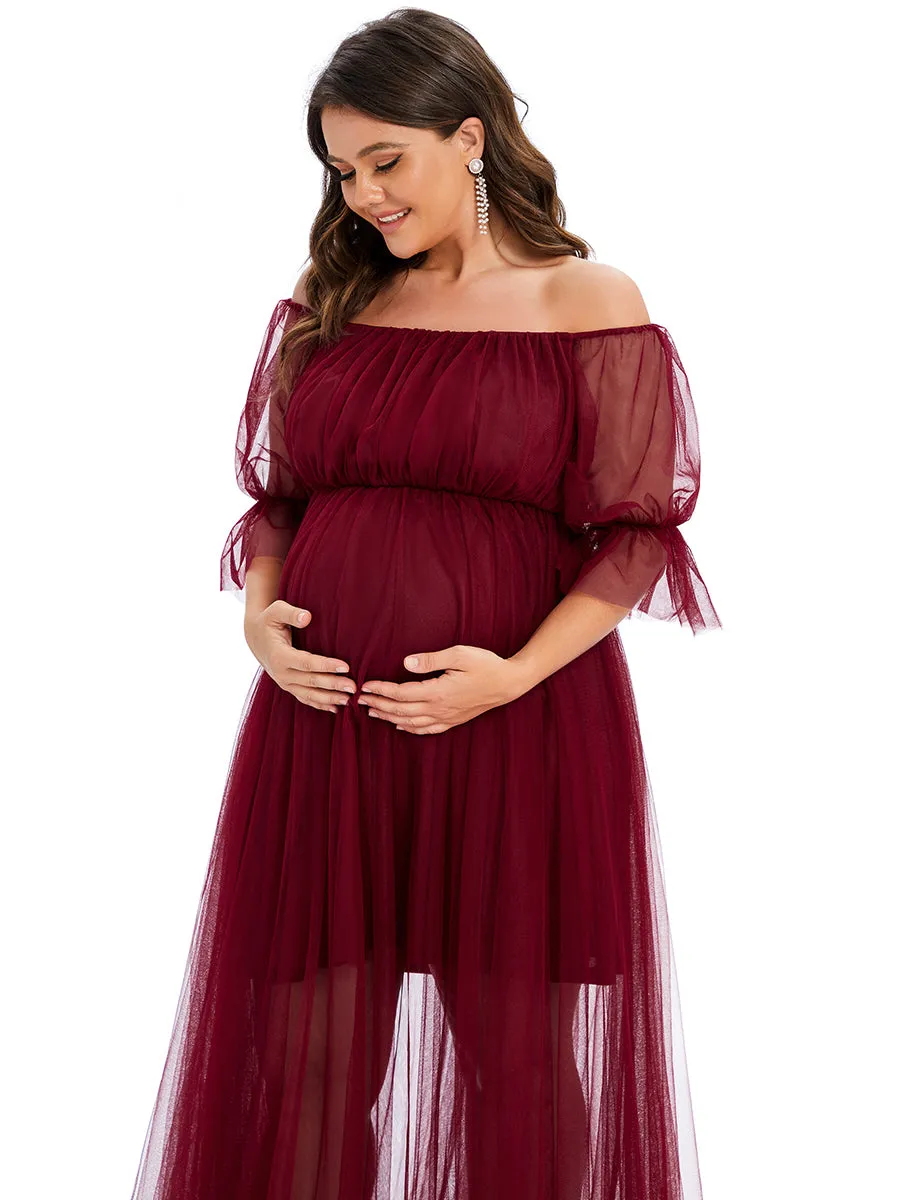A-Line Off Shoulder Maternity Maxi Dress with Short Puff Sleeves