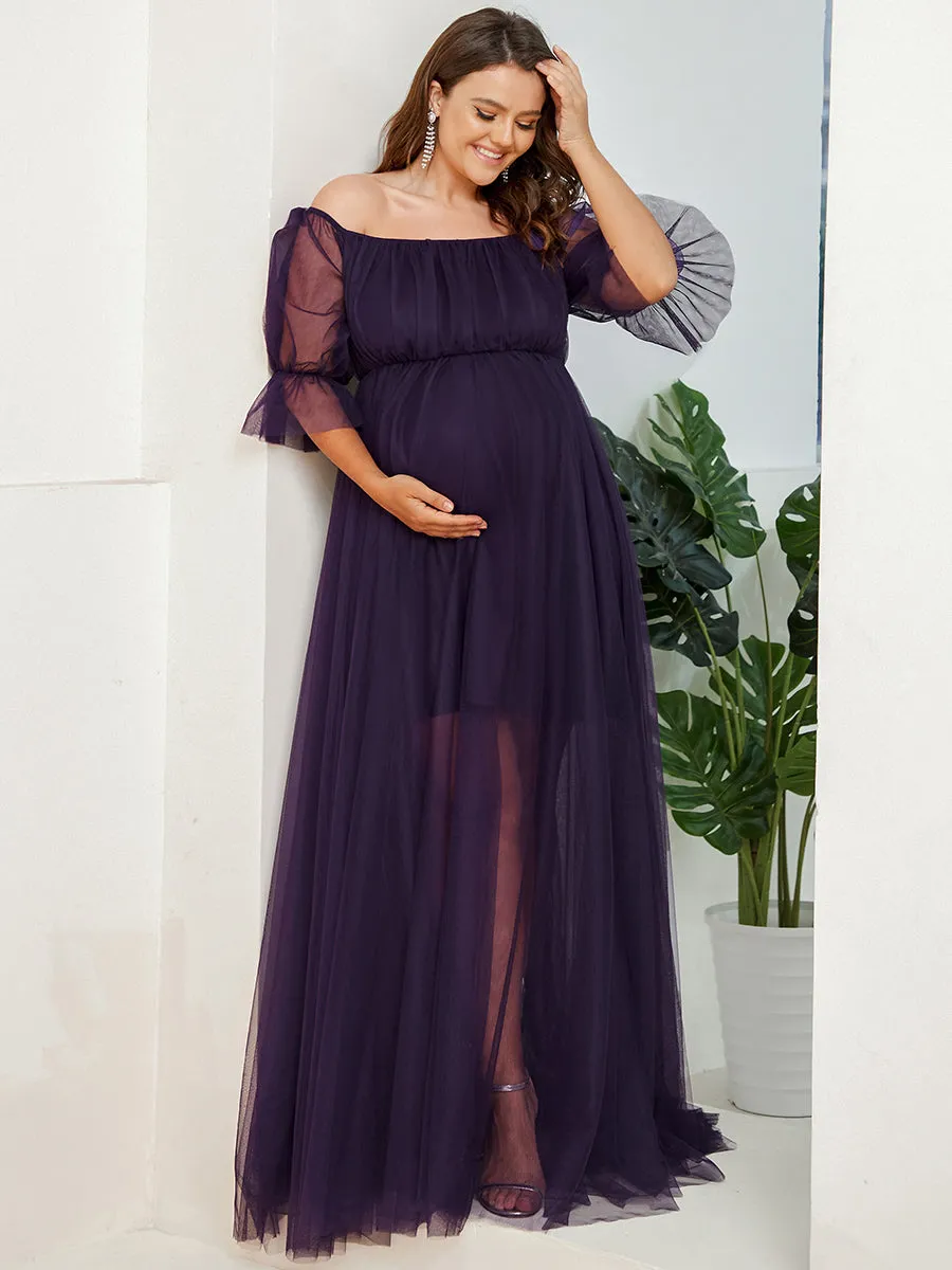 A-Line Off Shoulder Maternity Maxi Dress with Short Puff Sleeves