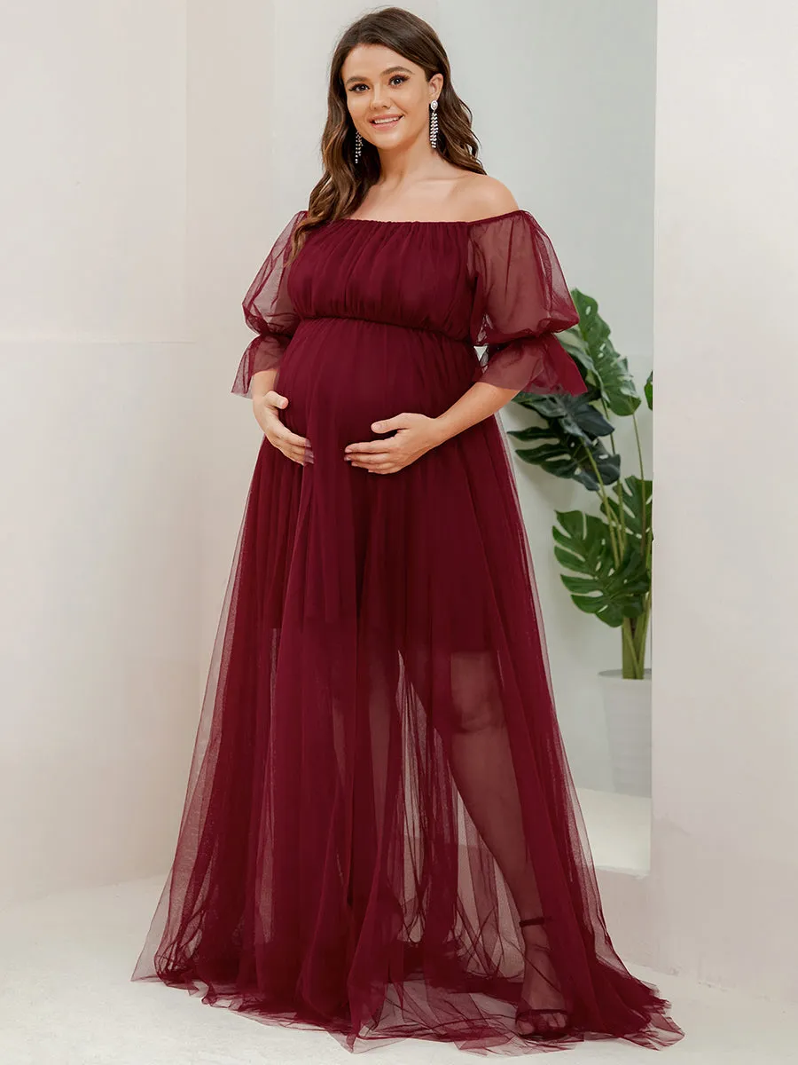 A-Line Off Shoulder Maternity Maxi Dress with Short Puff Sleeves