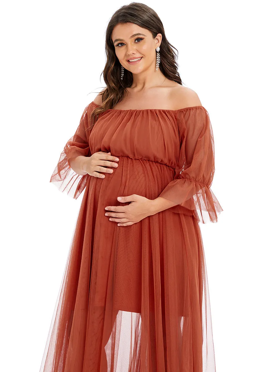 A-Line Off Shoulder Maternity Maxi Dress with Short Puff Sleeves