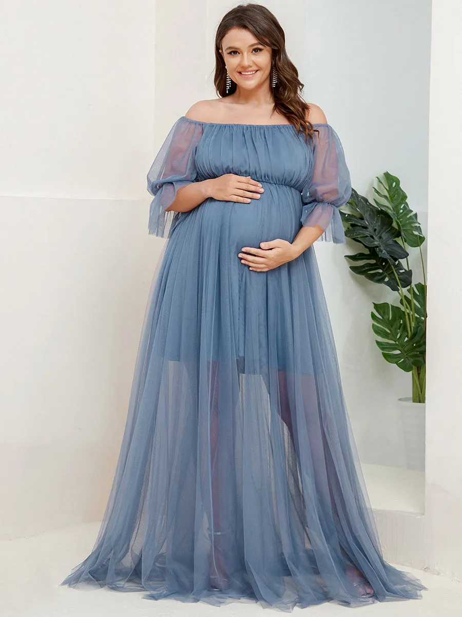 A-Line Off Shoulder Maternity Maxi Dress with Short Puff Sleeves
