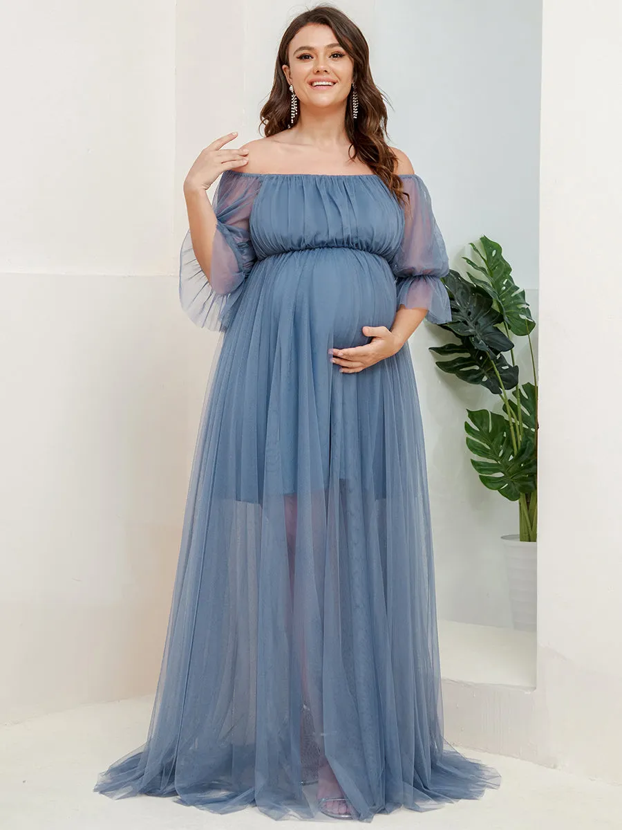 A-Line Off Shoulder Maternity Maxi Dress with Short Puff Sleeves