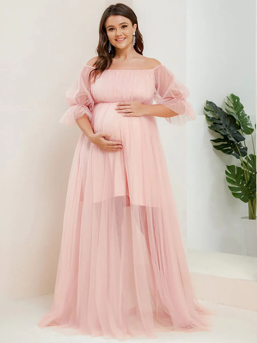 A-Line Off Shoulder Maternity Maxi Dress with Short Puff Sleeves
