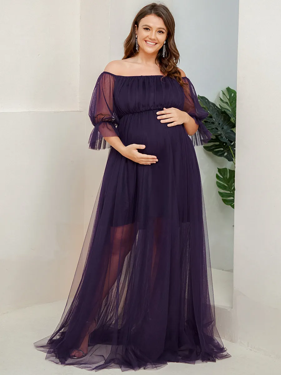 A-Line Off Shoulder Maternity Maxi Dress with Short Puff Sleeves