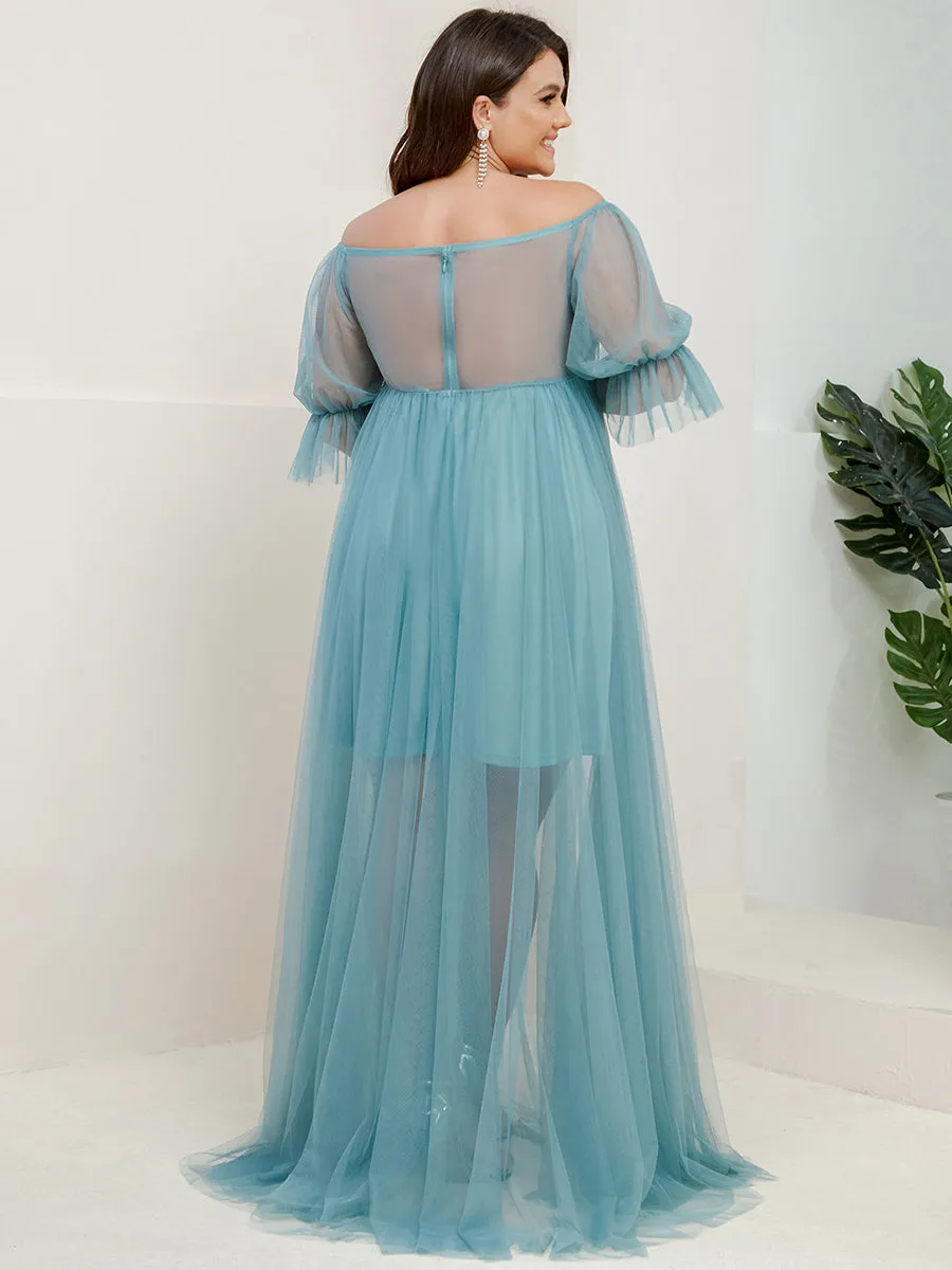 A-Line Off Shoulder Maternity Maxi Dress with Short Puff Sleeves