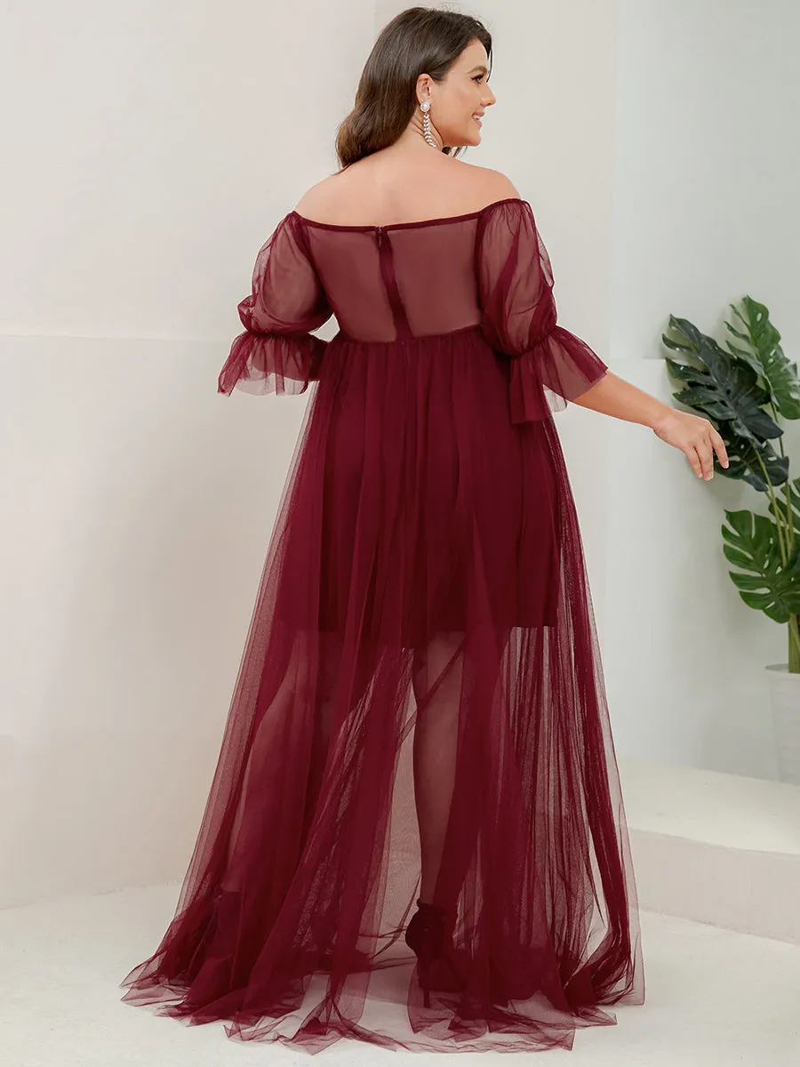 A-Line Off Shoulder Maternity Maxi Dress with Short Puff Sleeves