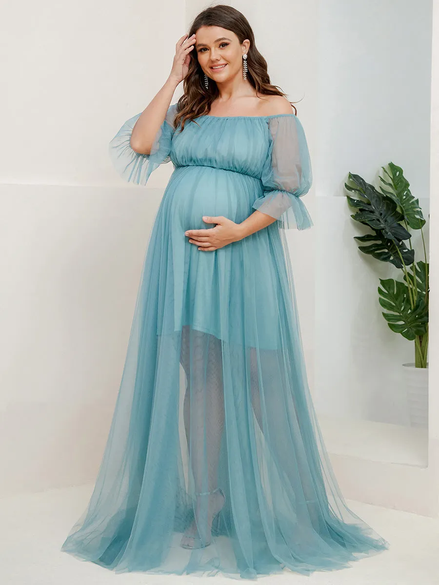 A-Line Off Shoulder Maternity Maxi Dress with Short Puff Sleeves