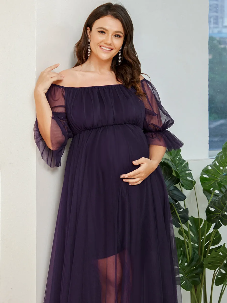 A-Line Off Shoulder Maternity Maxi Dress with Short Puff Sleeves