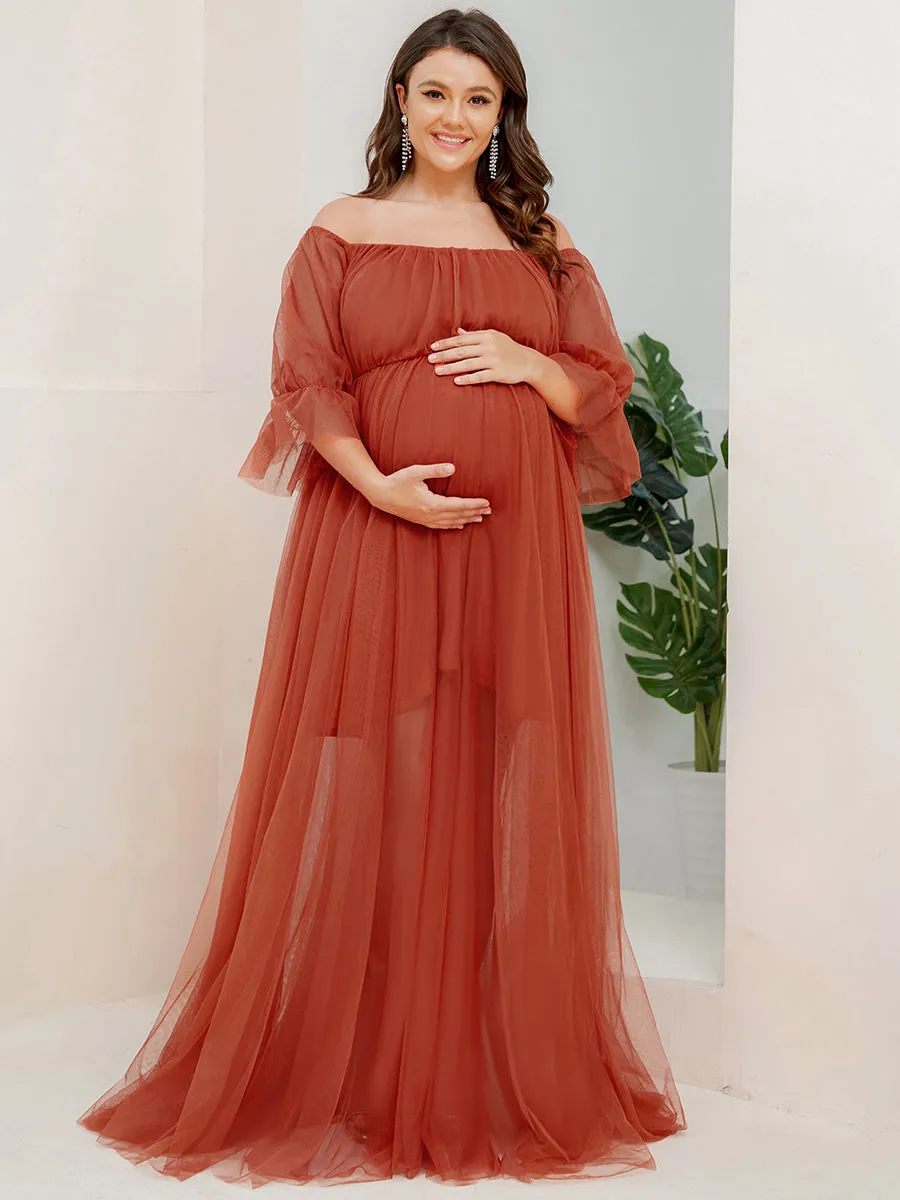 A-Line Off Shoulder Maternity Maxi Dress with Short Puff Sleeves
