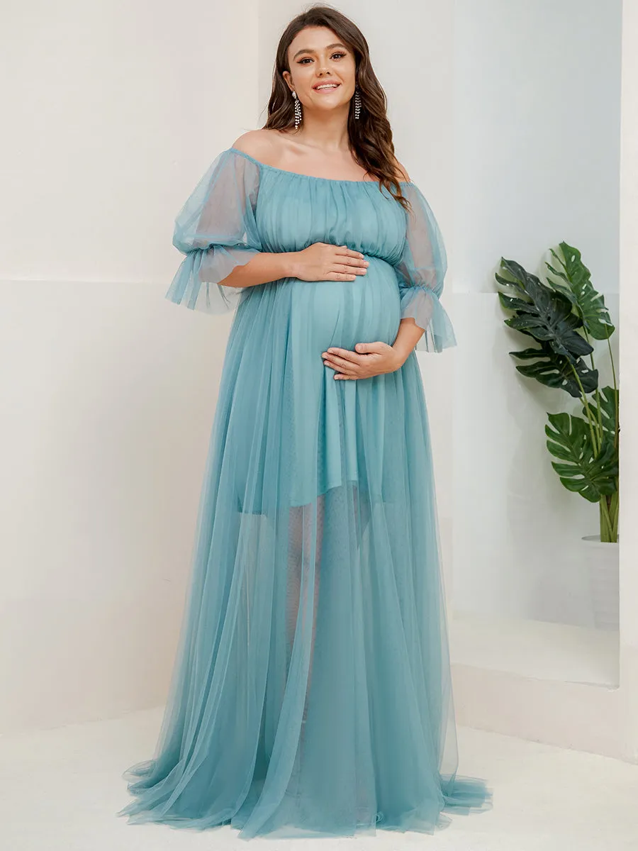 A-Line Off Shoulder Maternity Maxi Dress with Short Puff Sleeves