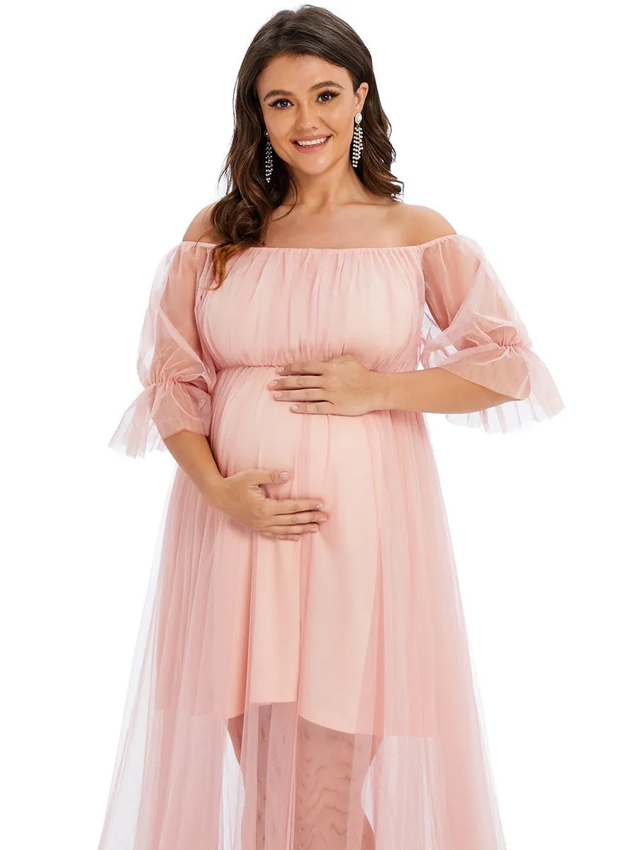 A-Line Off Shoulder Maternity Maxi Dress with Short Puff Sleeves
