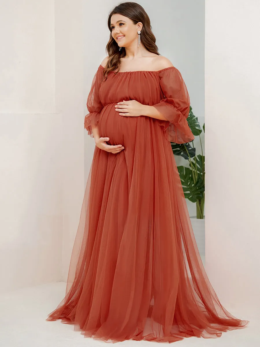 A-Line Off Shoulder Maternity Maxi Dress with Short Puff Sleeves