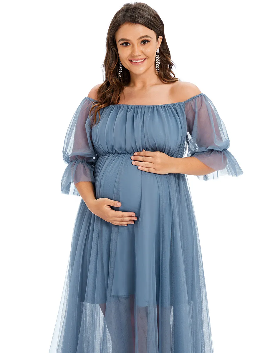A-Line Off Shoulder Maternity Maxi Dress with Short Puff Sleeves