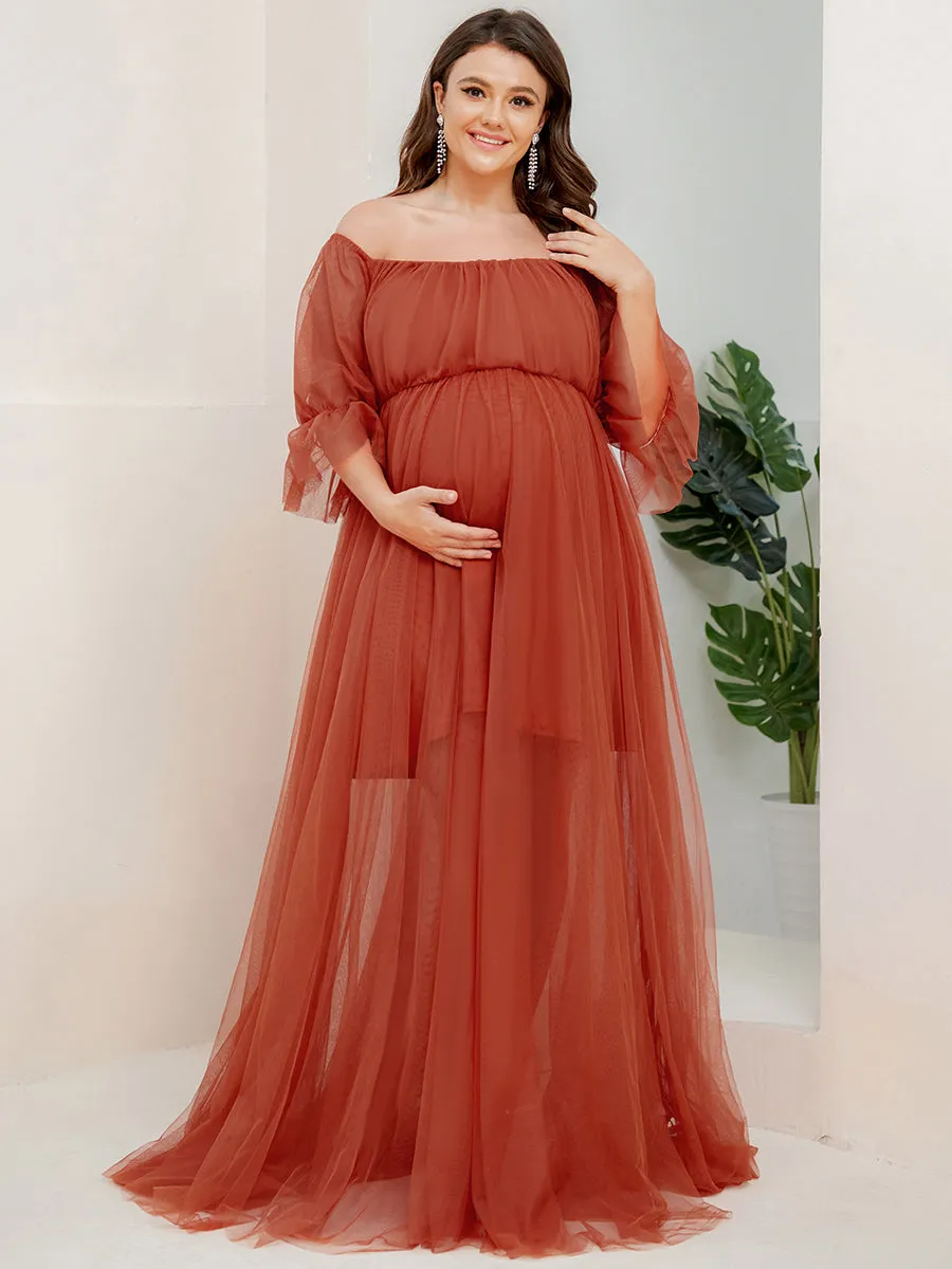 A-Line Off Shoulder Maternity Maxi Dress with Short Puff Sleeves