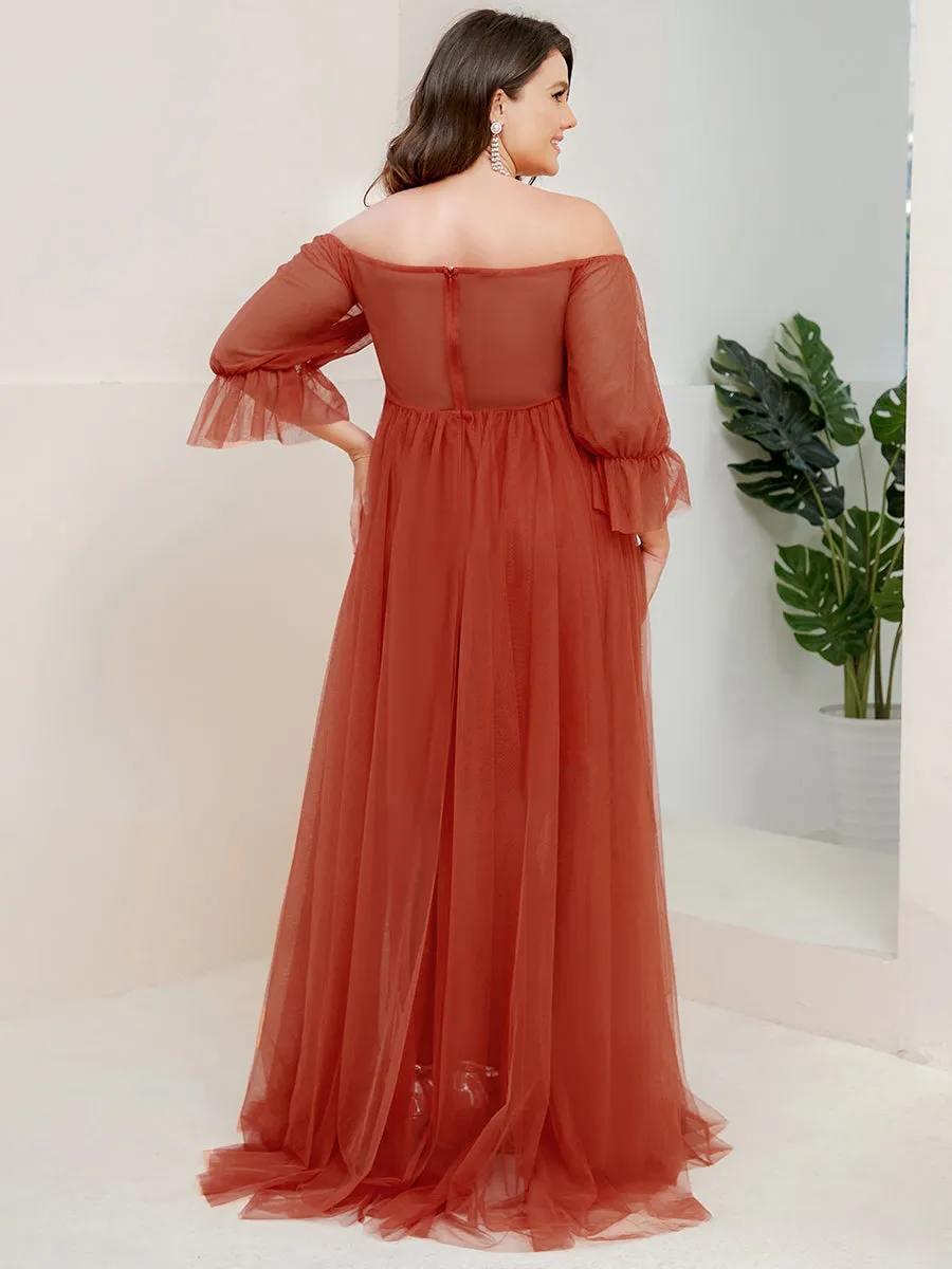 A-Line Off Shoulder Maternity Maxi Dress with Short Puff Sleeves