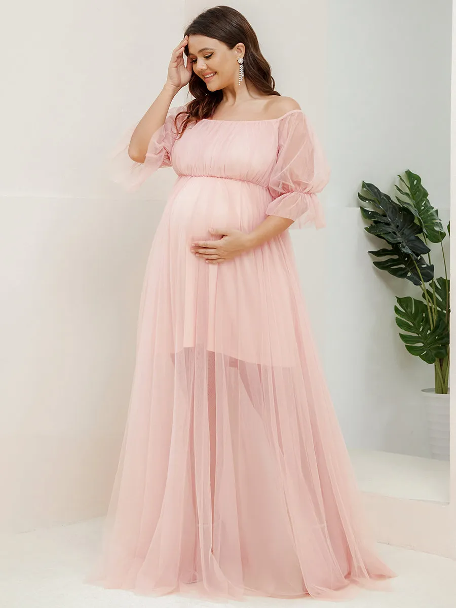 A-Line Off Shoulder Maternity Maxi Dress with Short Puff Sleeves
