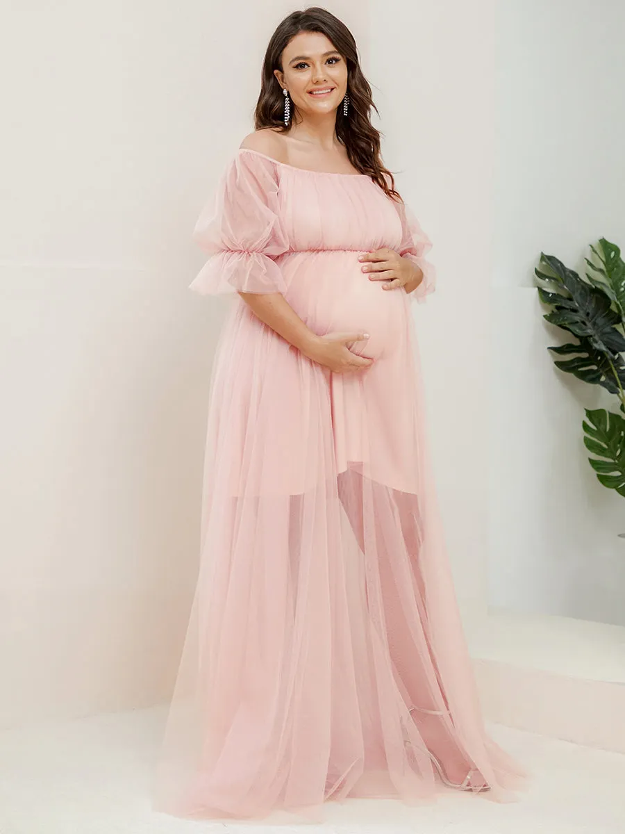 A-Line Off Shoulder Maternity Maxi Dress with Short Puff Sleeves