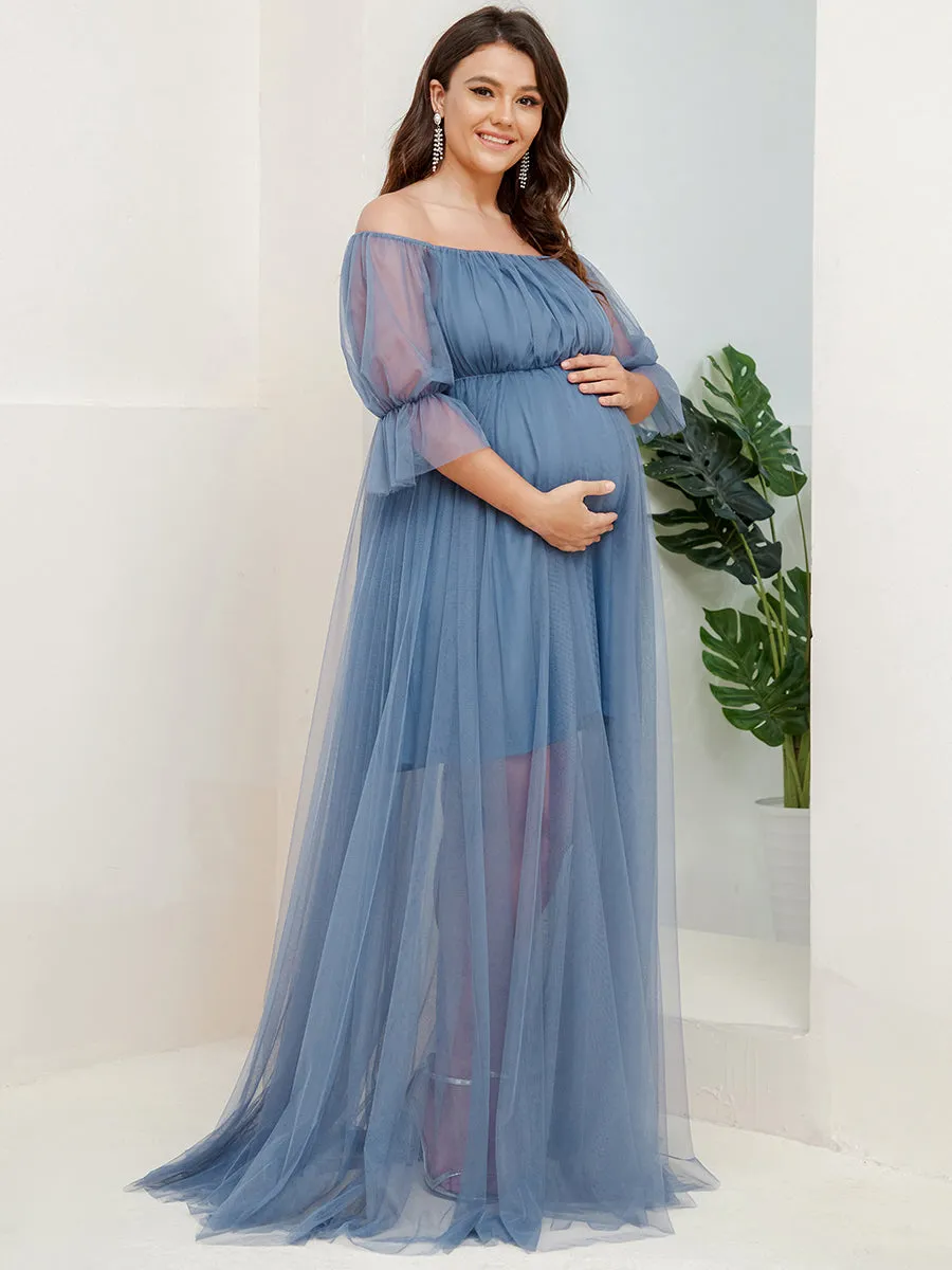 A-Line Off Shoulder Maternity Maxi Dress with Short Puff Sleeves