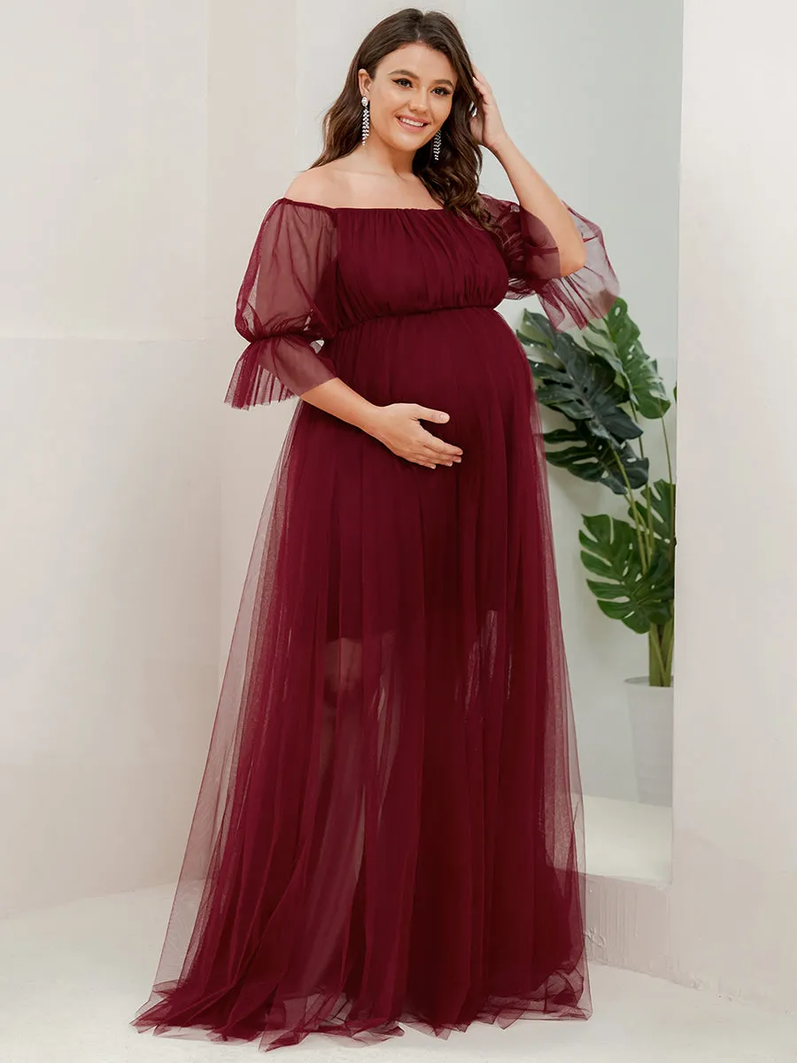A-Line Off Shoulder Maternity Maxi Dress with Short Puff Sleeves