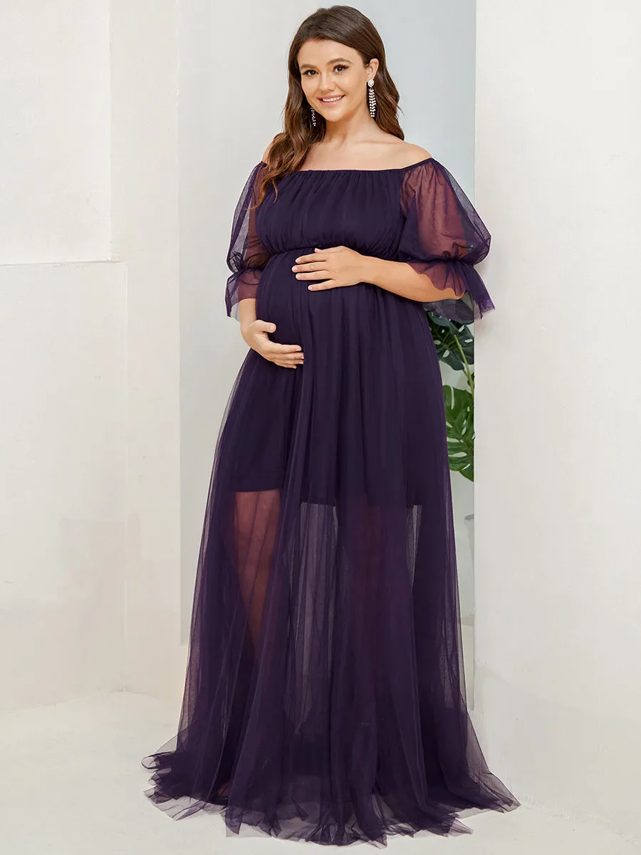 A-Line Off Shoulder Maternity Maxi Dress with Short Puff Sleeves