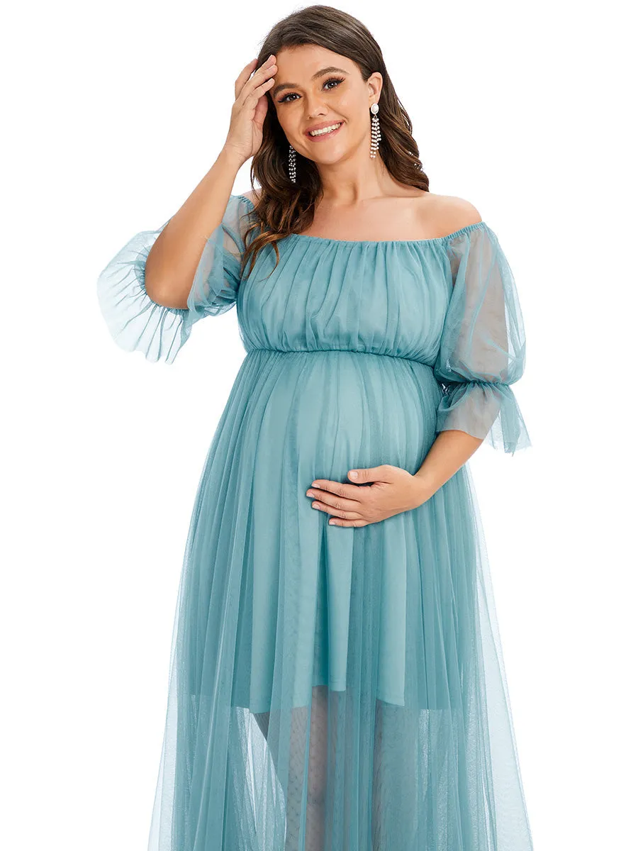 A-Line Off Shoulder Maternity Maxi Dress with Short Puff Sleeves