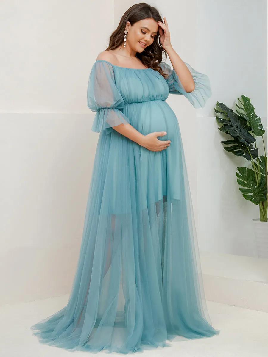 A-Line Off Shoulder Maternity Maxi Dress with Short Puff Sleeves