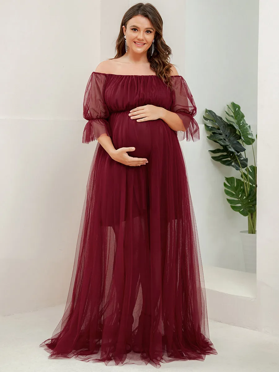 A-Line Off Shoulder Maternity Maxi Dress with Short Puff Sleeves