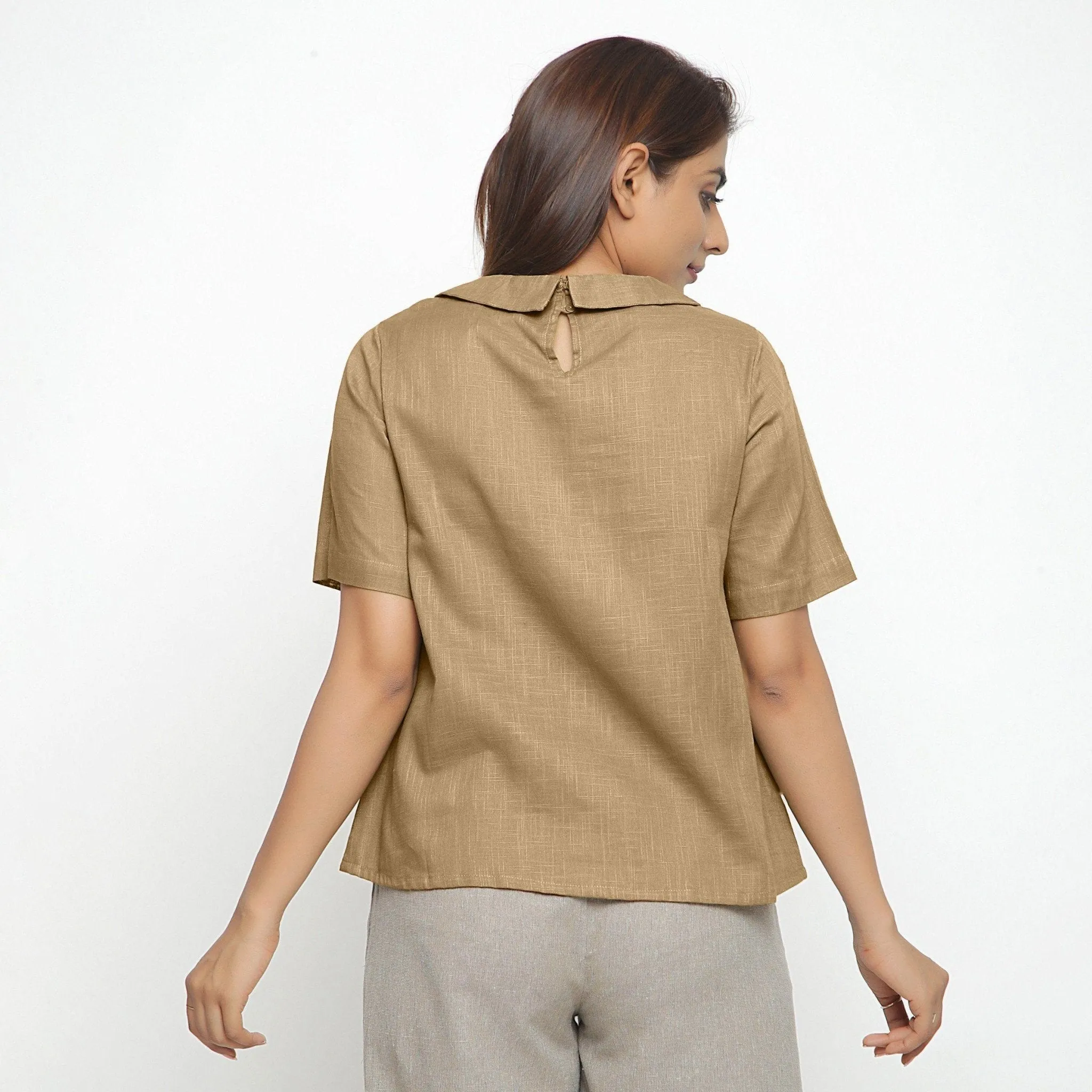 Beige 100% Cotton A-Line Peter Pan Collar Top