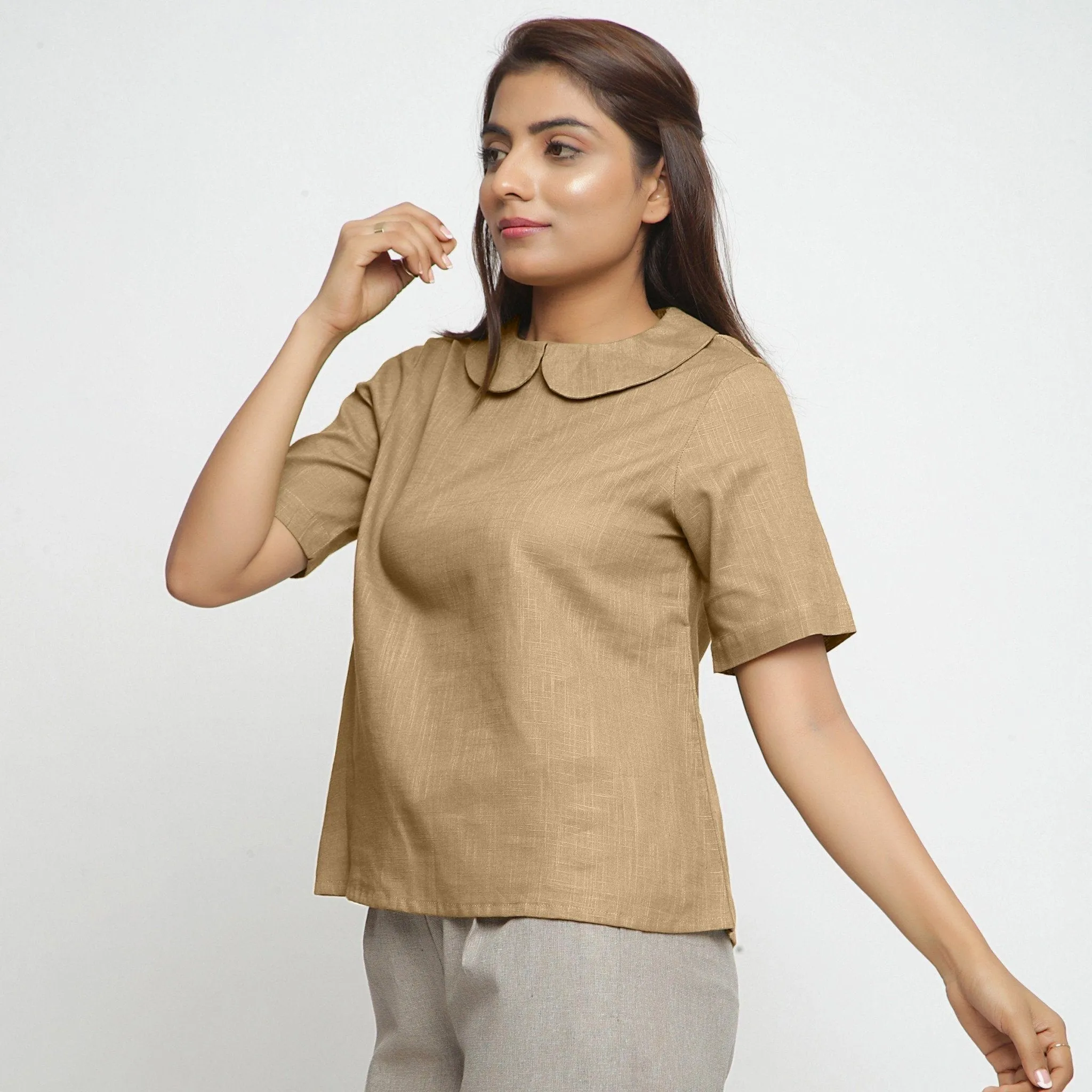 Beige 100% Cotton A-Line Peter Pan Collar Top