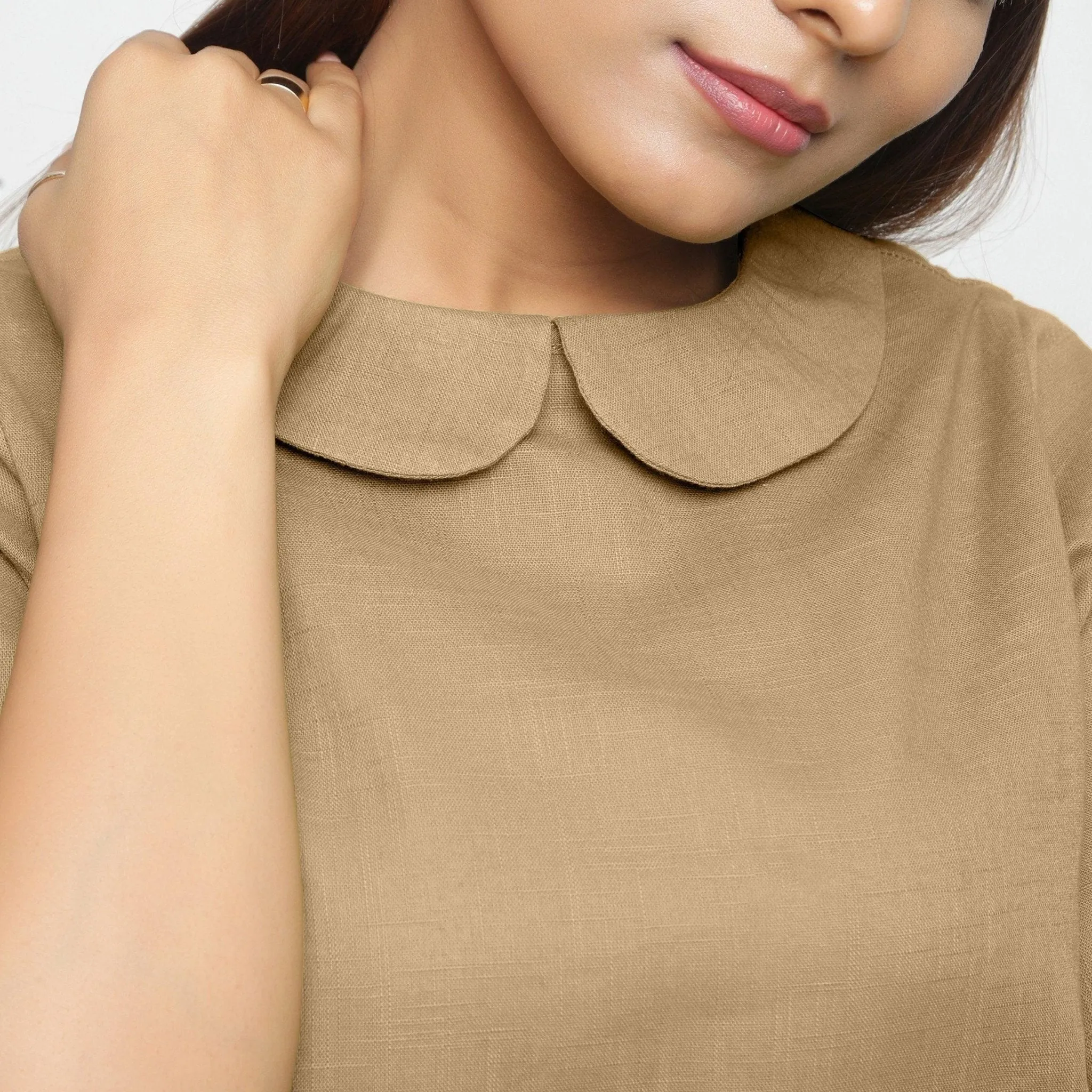 Beige 100% Cotton A-Line Peter Pan Collar Top