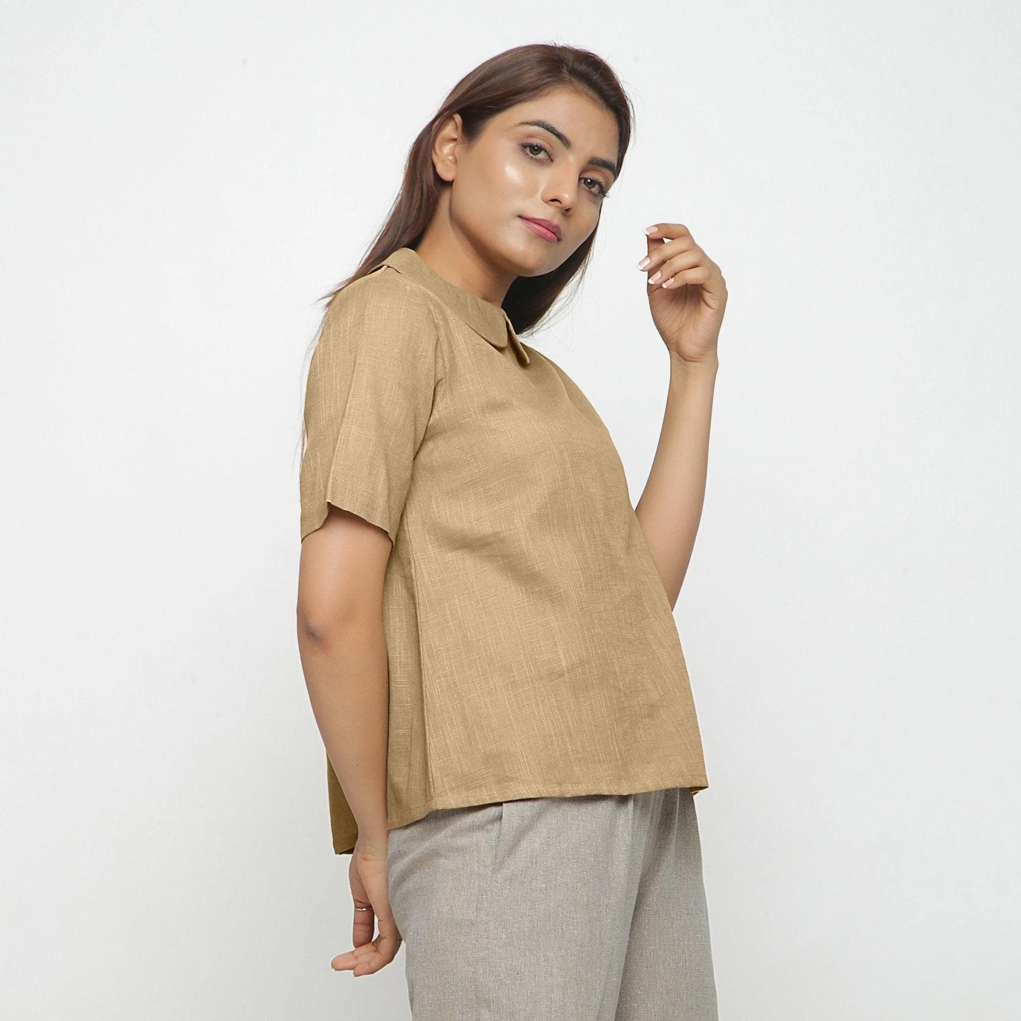 Beige 100% Cotton A-Line Peter Pan Collar Top