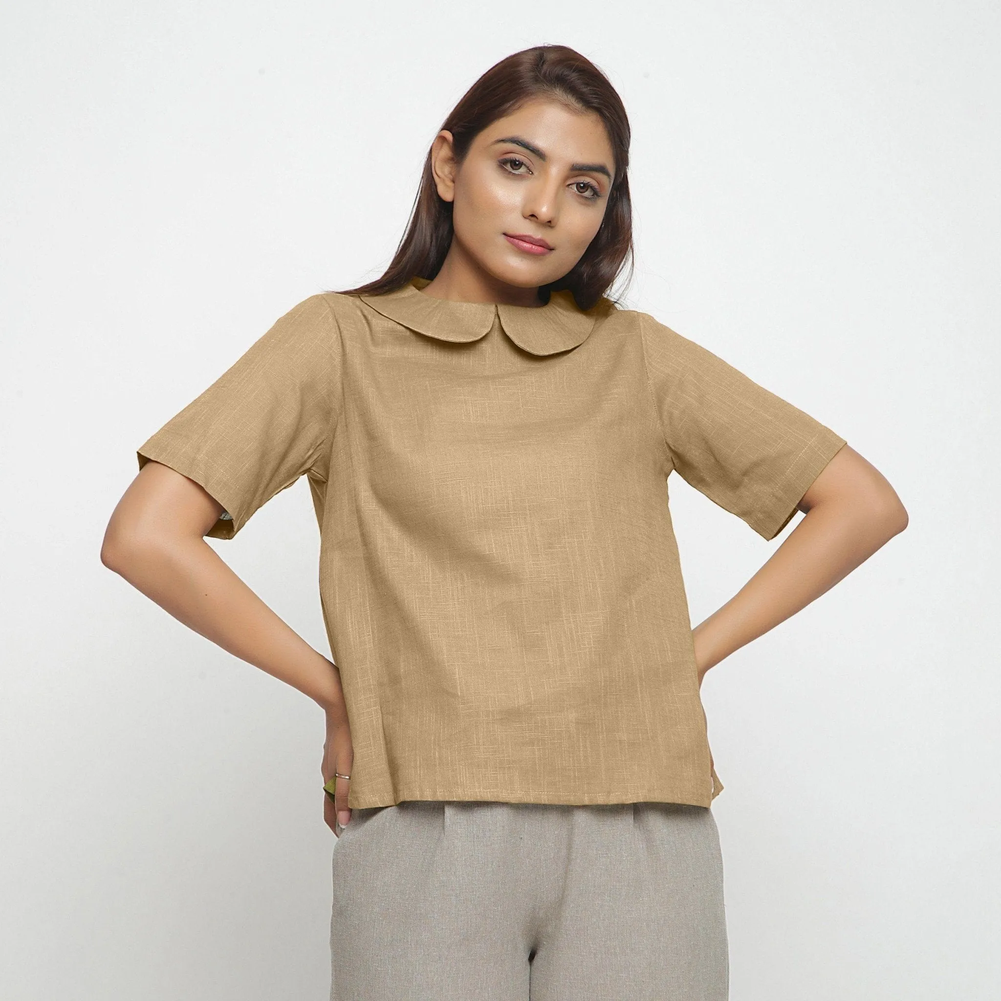 Beige 100% Cotton A-Line Peter Pan Collar Top