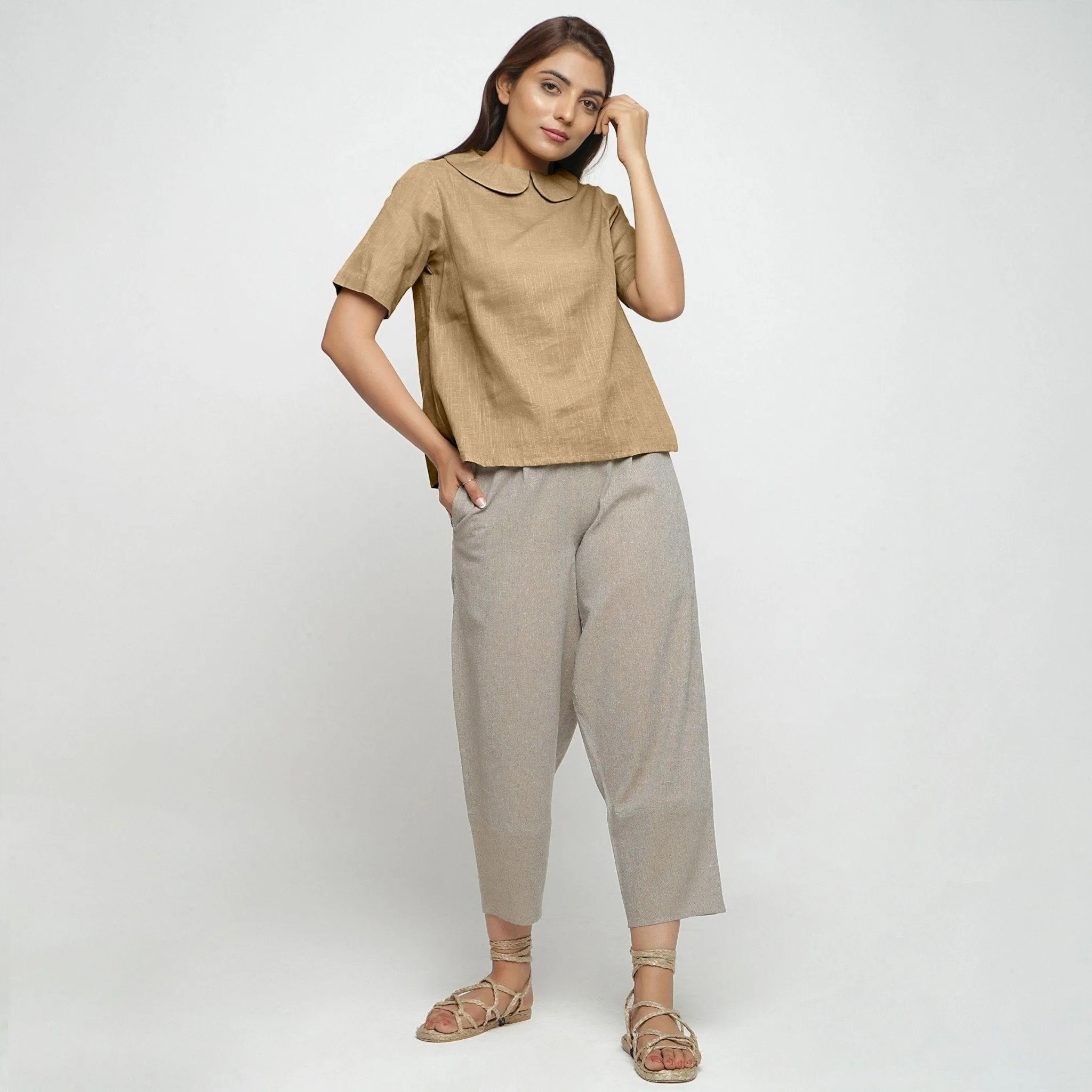 Beige 100% Cotton A-Line Peter Pan Collar Top