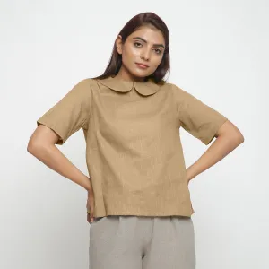 Beige 100% Cotton A-Line Peter Pan Collar Top