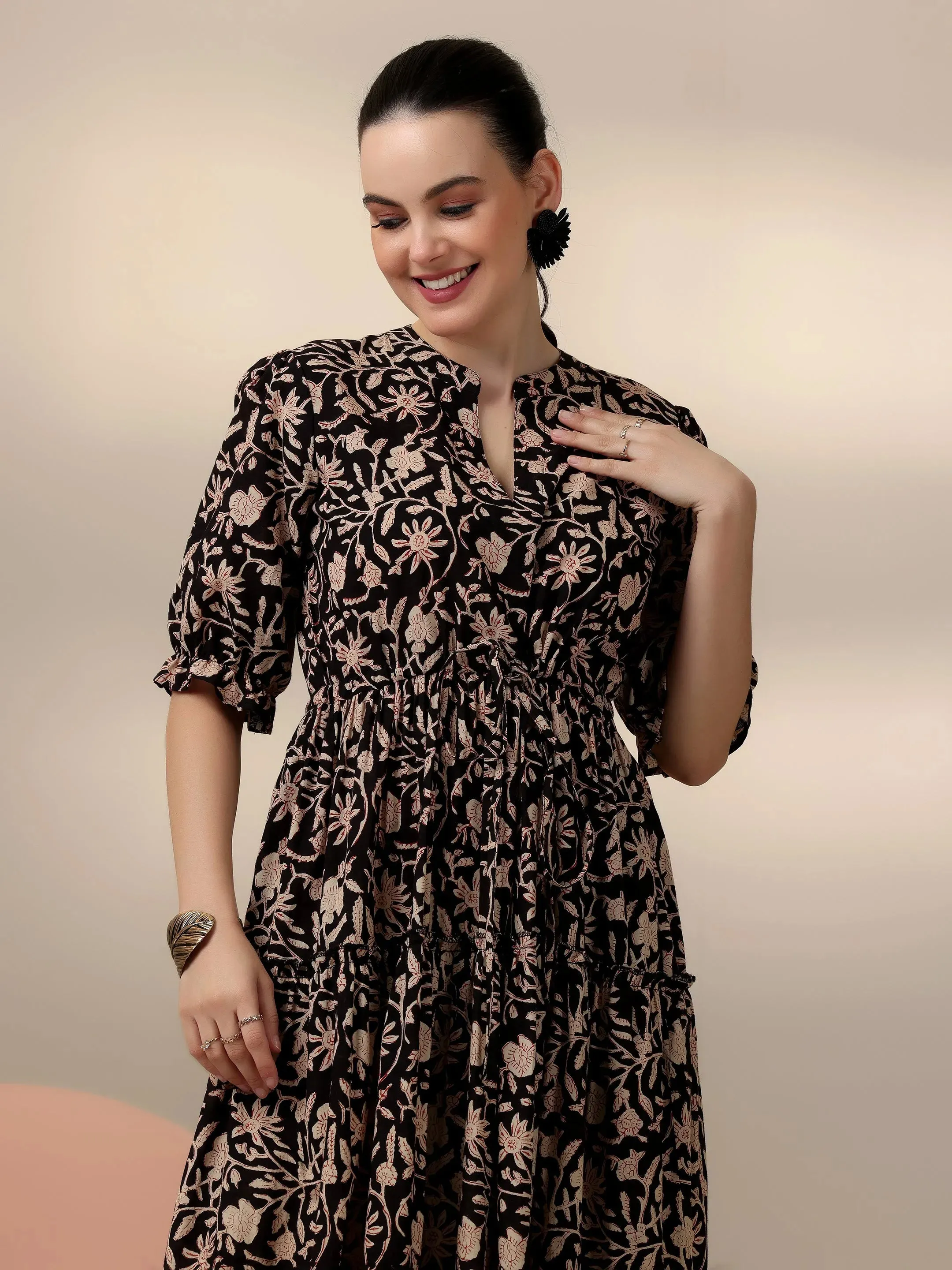 Black Printed Cotton Fit and Flare Dress