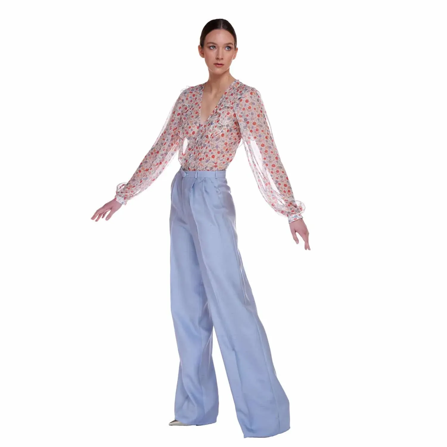Blue Shantung Silk Pants