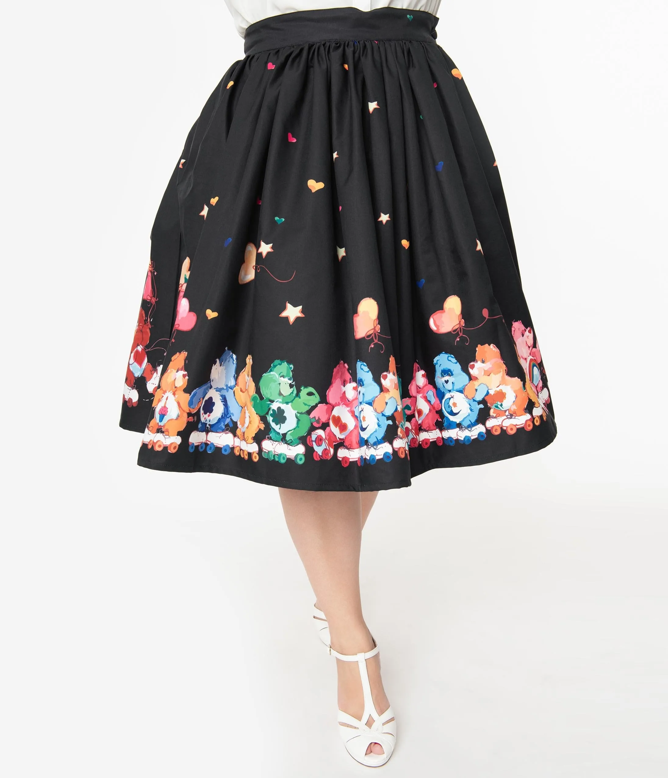 Care Bears x Unique Vintage Plus Size Black Skate Line Print High Waist Swing Skirt