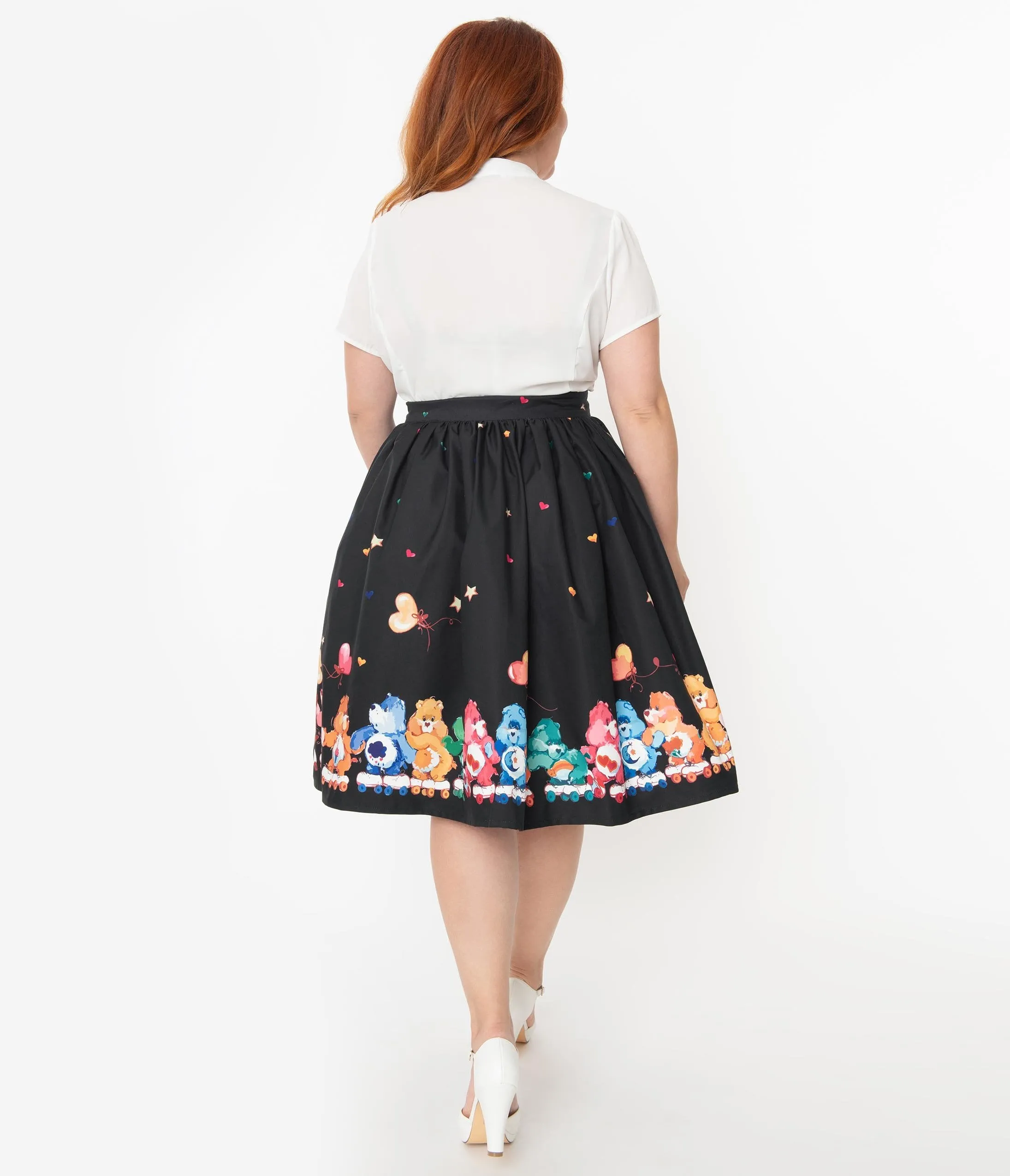 Care Bears x Unique Vintage Plus Size Black Skate Line Print High Waist Swing Skirt