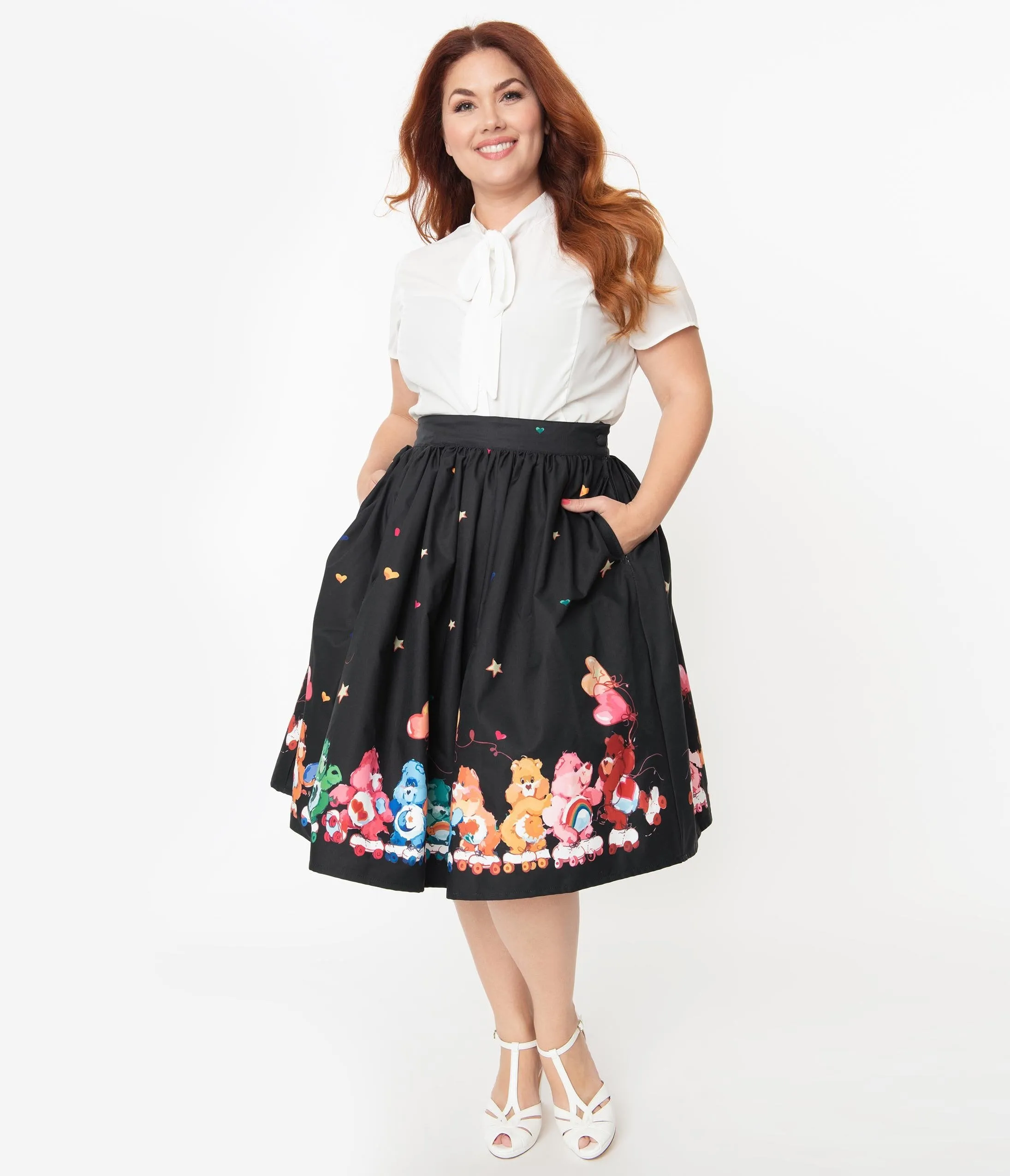 Care Bears x Unique Vintage Plus Size Black Skate Line Print High Waist Swing Skirt
