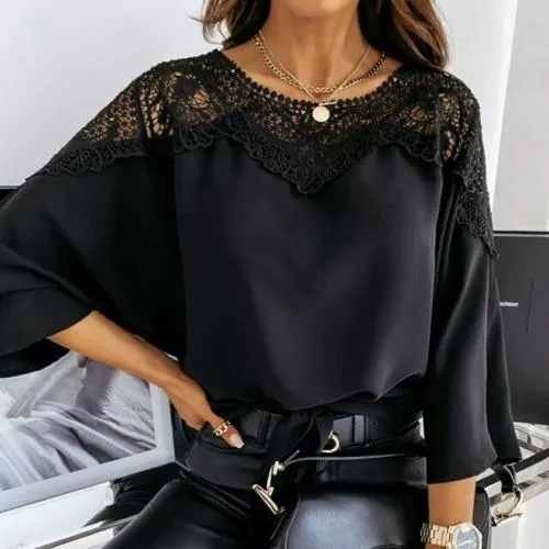 Casual Women Batwing Sleeve Solid Blouse Elegant Spring Lace Crochet