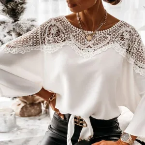 Casual Women Batwing Sleeve Solid Blouse Elegant Spring Lace Crochet