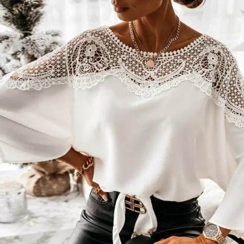 Casual Women Batwing Sleeve Solid Blouse Elegant Spring Lace Crochet
