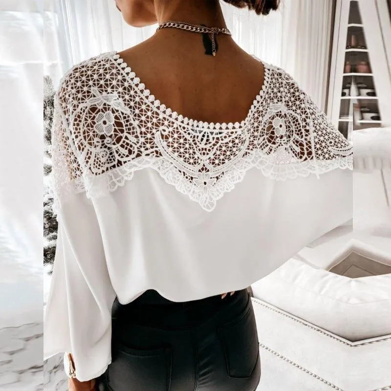Casual Women Batwing Sleeve Solid Blouse Elegant Spring Lace Crochet
